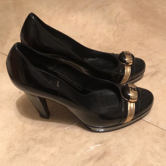 Authentic Fendi Logo patent platform pumps gold button detail.STUNNING!…